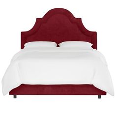 a bed with a red headboard and white sheets on it's sides, in front of a white background