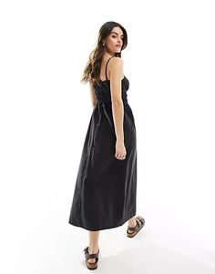 ASOS DESIGN soft denim cami midi dress with ruching detail in black | ASOS Black Casual Dress With Tie Fastening, Casual Midi Dress With Knotted Straps, Casual Midi Dress With Spaghetti Straps And Knotted Details, Casual Midi Dress With Knotted Spaghetti Straps, Casual Ruched Midi Dress For Date Night, Dress With Ruching, Cami Midi Dress, Asos, Free Delivery