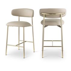 two modern bar stools, one in beige and the other in white with gold accents