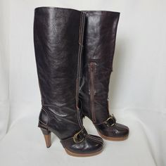 Women’s Brown Leather Heel Knee Boots By Harlot Size 7us Made In Portugal Eu 38 In Very Good Condition. No Damage Or Stains On Leather. 3.5" Heel. Shaft Measures 14" From Bottom Of Heel To Top. Calf Opening Is 14.5" In Diameter. Ships Within 1 Business Day. Please Contact Us With Questions. Formal Round Toe Boots With Buckle Closure, Leather Heeled Boots With Buckle And Almond Toe, Leather High Heel Boots With Buckle Closure, Leather Heeled Boots With Buckle Closure, Leather Knee-high Heels With Buckle Closure, Vintage Formal Boots With Stacked Heel, Vintage Formal Boots With Buckle Closure, Vintage Leather Heeled Boots For Party, Vintage Leather Boots For Party