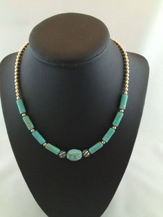 "Handmade original design necklace using turquoise and sterling silver beads. 16.5\" long.  Toggle closure." Ruby Jewelry Necklaces, Beaded Necklace Tutorial, Necklace Ideas, Necklace Tutorial, Silver Bead Necklace, Long Beaded Necklace, Handmade Jewelry Designs, Ancient Jewelry, Silver Bead