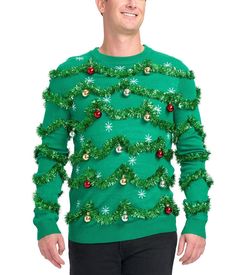 Haul out the holly, because it's time to tinsel the crap out of your holiday wardrobe. This men's gaudy garland ugly Christmas sweater is punctuated with baubles that shine and catch the candlelight in a nostalgic way that's almost enough to make your eyes tear up. Actually, this wonderfully tacky design will probably Ugly Christmas Sweater Diy Funny, Ugly Christmas Sweater Outfit, Diy Christmas Sweater, Christmas Sweater Outfits, Ugly Christmas Sweater Couples, Best Ugly Christmas Sweater, Ugly Sweater Contest, Diy Ugly Christmas Sweater, Tacky Christmas Sweater