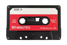 a red and black cassette tape with the words 90 minutes on it's side