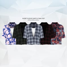 four shirts with different patterns and colors on them