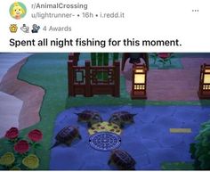 an animal crossing game is being viewed on tweety memeset, and it's caption reads, spent all night fishing for this moment