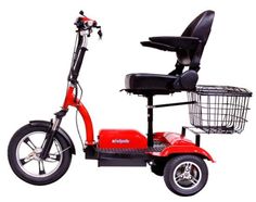 a red scooter with a basket attached to the front wheel and back seat