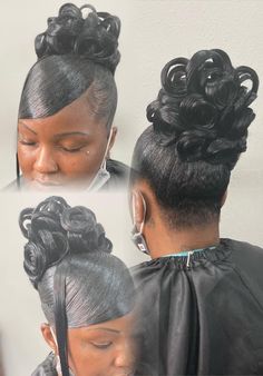 Black Hair 90s Updo, Women Updo Hairstyles Easy, Black Hair Wedding Updo, Old School Updo Hairstyles Black, Pincurl Updo Black Hair, Baps Inspired Hairstyle, Pincurl Ponytail Updo Black Women, Pin Curl Ponytail