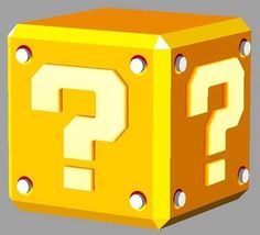 a yellow cube with question marks on the front and bottom part, as if it were an object