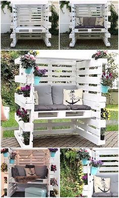 some white wooden pallets with plants and flowers on them, all in different positions