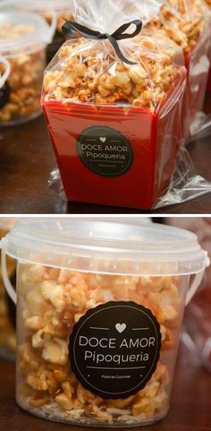 two pictures of popcorn in plastic containers and one with a black ribbon on it, the other has a red box that says dolcemor pipoqueria