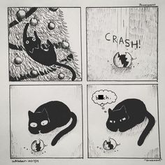 a comic strip with black cats in front of a christmas tree and the caption crash