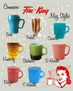 different colored coffee mugs with names on them