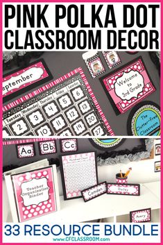 the pink polka dot classroom decor is displayed on a table with black and white background