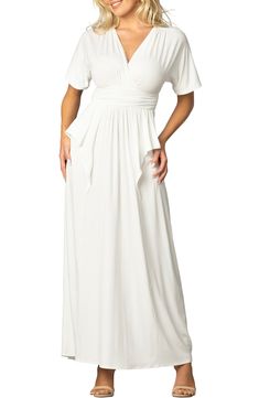 You'll want to dance the night away in this flattering surplice V-neck dress with fluttery sleeves, a swingy skirt and plenty of stretch. 59" length Surplice V-neck Elbow-length sleeves 92% rayon, 8% spandex Hand wash, dry flat Made in the USA of imported fabric White Flowy V-neck Maxi Dress, Elegant V-neck Dress With Flowy Skirt, White V-neck Short Sleeve Party Dress, Elegant Maxi Dress With Flutter Sleeves And Flowy Skirt, Elegant Maxi Dress With Flowy Skirt And Flutter Sleeves, White Flowy V-neck Wrap Dress, White Ruched Empire Waist Dress, V-neck Fit And Flare Maxi Dress For Evening, V-neck Fit And Flare Evening Maxi Dress