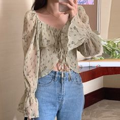 One Size:Shoulder:36cm,Bust:76cm,Length:45cm,Sleeve:67cm Female Shirts, Blouses Vintage, Women Blouses, Blouses For Women, Womens Shirts, Blouses, Lace, Long Sleeve, Green