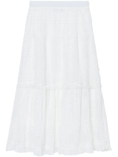 optical white ruffled detailing tiered skirt elasticated waistband high-waisted ruffle hem mid-length Feminine Tiered Ruffle Maxi Skirt, White Feminine Tiered Maxi Skirt, White Ruffled Feminine Skirt, Chic Tiered Maxi Skirt With Ruffle Hem, White Feminine Maxi Skirt With Elastic Waistband, Feminine White Maxi Skirt With Elastic Waistband, Feminine White Ruffled Skirt, White Feminine Skirt With Ruffles, Feminine White Ruffled Maxi Skirt