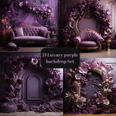 luxurious purple background set with flowers and furniture