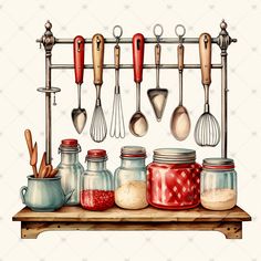 an illustration of kitchen utensils hanging on a rack with jars and spoons