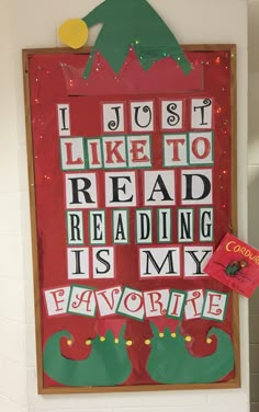 a bulletin board with words that read i just like to read reading is my favorite