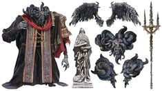 an assortment of fantasy creatures and statues on a white background with clippings for text