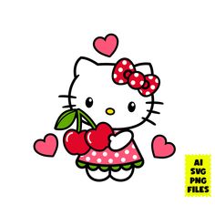 a hello kitty holding an apple with hearts on it