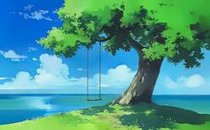 a painting of a tree with a swing hanging from it's trunk near the ocean