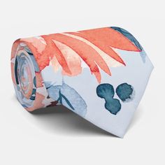 Coral and Dusty Blue Floral Groom Wedding Neck Tie | Zazzle.com Coral Print, Mens Tie, Blue Coral, Coral Blue, Fathers Day Cards, Wedding Groom, Dusty Blue