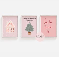 three framed artwork pieces in pink and white with a christmas tree, house, and love note