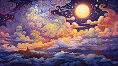 an oil painting of clouds and the moon