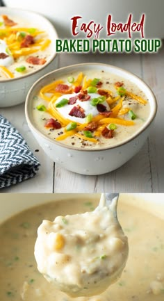 two pictures showing different types of baked potato soup