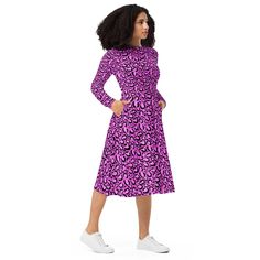 This dress has a bright pink leopard print that is unique to us, it has soft fabric and flattering cut will ensure you feel comfortable all day long. It has a fitted waist and a flared bottom part of the dress and best of all it has the most useful thing ever....pockets! * 95% polyester, 5% elastane (fabric composition may vary by 1%) * Fabric weight: 6.19 oz/yd2 (210 g/m2) (weight may vary by 5%) * Premium knit mid-weight jersey fabric * Midi length * Long sleeves * Side pockets * Boat neckline Hoodie Mini Dress, Long Midi Dress, Pink Leopard Print, Print Midi Dress, Leopard Animal, Striped Hoodie, Pink Leopard, Boat Neckline, Printed Midi Dress