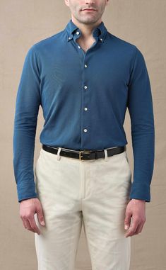 This sophisticated sport shirt uses mercerized ringspun cotton for a soft and lightweight feel. The fabric has also been garment-dyed and antique-washed to remove some of the colour saturation for a vintage-inspired look that will break in beautifully with every wash and wear. Style details include a button-down collar, French turn placket, and adjustable button cuffs. Wear it casually with jeans or chinos, or dress it up with a sport coat and trousers.

Model Sizing: Model is 6' 1" wit Blue Long Sleeve Shirt, Break In, Sport Shirt, Blue Long Sleeve, Button Down Collar, Indigo Blue, Sport Coat, Sports Shirts, Long Sleeve Shirt