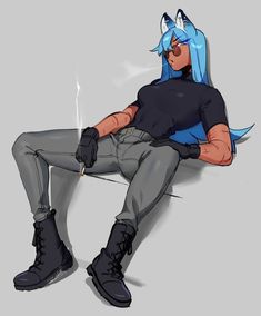 a drawing of a man with blue hair sitting on the ground wearing black boots and a t - shirt