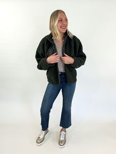 The Creek Fleece Button Front Jacket is so soft and elevated. You can choose between a classic ivory color that goes with everything, or add pop of color to your look with olive. Either way, both colors are so fun for fall! This sherpa fleece jacket has full snap buttons along the front, and two zippered breast pockets. It's an easy layering piece for on the go. Colors: ivory and olive Cozy fleece button front jacket Two zippered front pockets Snap button front Sizes: small, medium, and large Fi Sherpa Fleece Jacket, Sherpa Fleece, Ivory Color, Layering Pieces, Casual Fits, Fleece Jacket, Snap Button, Color Pop, Layering