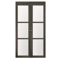 a double door with glass panels on the front and side doors, in dark brown