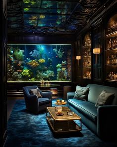 a living room filled with furniture and an aquarium