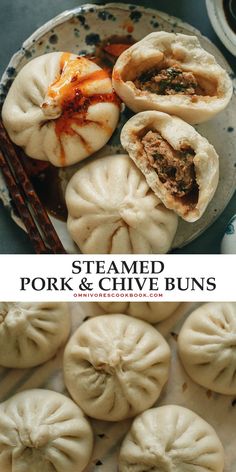 steamed pork and chive buns on a plate with chopsticks next to them