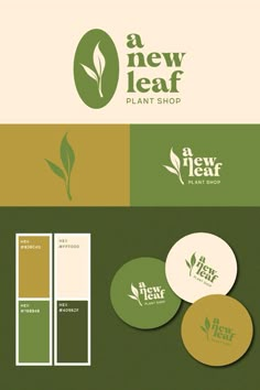 the new leaf plant shop logo is shown on top of several different colors and shapes