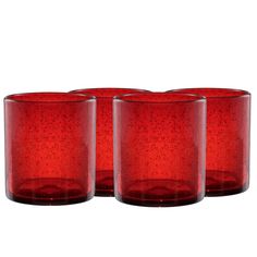 three red glasses sitting next to each other