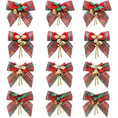 six bows with gold and green decorations on each bow are arranged in the same pattern