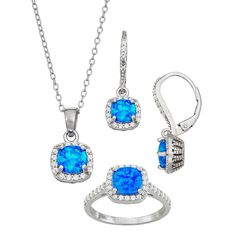 This stylish set comes complete with a ring, pendant and earrings, each adorned with beautiful lab-created blue opal gemstones. Wear them individually or together for a look you're sure to love. This stylish set comes complete with a ring, pendant and earrings, each adorned with beautiful lab-created blue opal gemstones. Wear them individually or together for a look you're sure to love. Pendant length: 13 mm Chain length: 18 in. Chain type: cable Earring length: 30 mm Earring closures: leverback Jelly Opal, Pendant Ring, Love Pendant, Ring Earring, Sapphire Pendant, Ring Pendant, Pendant Rings, Fashion Accessories Jewelry, White Sapphire