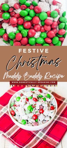 festive christmas muddy buddy recipe with candy and marshmallows in a bowl