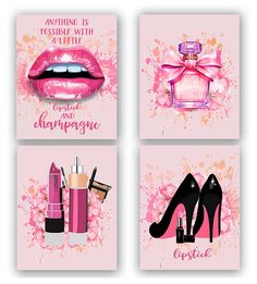 four cards with pink lipstick and high heels