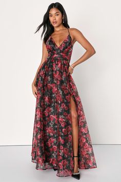 Black and Red Floral Dress - Organza Maxi Dress - Organza Gown - Lulus Floor-length Floral Print Organza Dress, Chiffon Floral Print Dress For Prom, Organza Floral Print Prom Dresses, Evening Organza Maxi Dress With Floral Print, Floral Print Organza Prom Dress, Party Floral Dress With Fitted Bodice, Floral Print Organza Dresses For Prom, Organza Prom Dress With Floral Print, Organza Dress With Floral Print For Evening