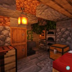 A small House built into a Cave Entrance in the Game Minecraft. It is mainly made out of Oak Wood. A small passage leads into the house. The interior follows the natural cave shape. Behind the living area there is an access into the nearby cave system. In front of the house there are some fields and some flowers. Small Minecraft Interior Design, Small Cave House Minecraft, Minecraft Cave Home Interior, Cave Bedroom Minecraft, Minecraft Cave Base Ideas Interior, Small Minecraft Builds Inside, Minecraft Cave Decoration, Minecraft Small Interior