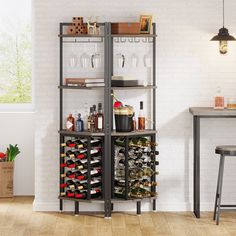 a wine rack in the corner of a room next to a table and stools