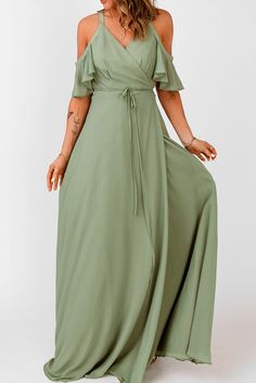 Green Cold Shoulder Flutter Sleeves Maxi Dress Solid Summer Dress With Butterfly Sleeves, Flowy Spring Dresses With Ruffle Sleeves, Flowy Dresses With Ruffle Sleeves For Spring, Spring Maxi Dress With Flutter Sleeves, Flowy Chiffon Dresses With Ruffle Sleeves, Spring Bridesmaid Maxi Dress With Short Sleeves, Green Chiffon Short Sleeve Dress, Chic Flowy Dress With Butterfly Sleeves, Flowy Skirt Dress With Ruffles