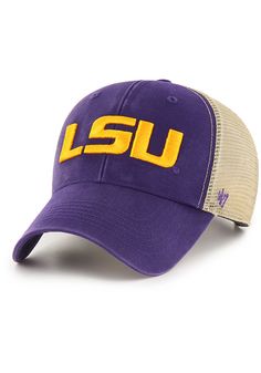 This LSU Tigers Purple Adjustable Hat features a front embroidered team logo. Front team embroidered logo, Brushed cotton and wool blend material, Adjustable closure, Flat embroidered brand logo on the left side, Loop strap for a secure fit, Curved Bill, Low Crown, Structured, Imported Team-colored Cotton Hats With Curved Brim, Collegiate Hats With Logo Patch For Game Day, Game Day Cotton Baseball Cap In Team Colors, Team-colored Cotton Baseball Cap For Game Day, Collegiate Cotton Hat With Flat Brim, Collegiate Snapback Trucker Hat With Embroidered Logo, Collegiate Cotton Flat Brim Hat, Collegiate Style Cotton Hat With Flat Brim, College Trucker Hat With Embroidered Logo