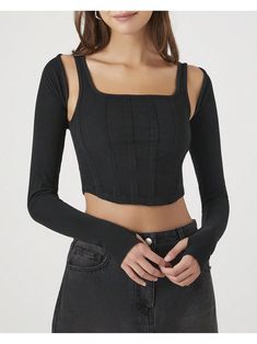 A knit set featuring a tank top with a ribbed construction, square-cut neckline and back, shoulder straps, and curved cropped hem, as well as a matching shrug with long sleeves and thumbholes.Cropped Tank Top & Shrug Set Black Casual  Long Sleeve  Plain    Women Clothing, size features are:Bust: ,Length: ,Sleeve Length: Women Blouses, Square Cut, Knit Set, Black Casual, Cropped Tank Top, Crop Tank, All Fashion, Shoulder Straps, Women Clothing