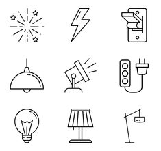 black and white line art icons on a white background, including lamp, lightbulbe